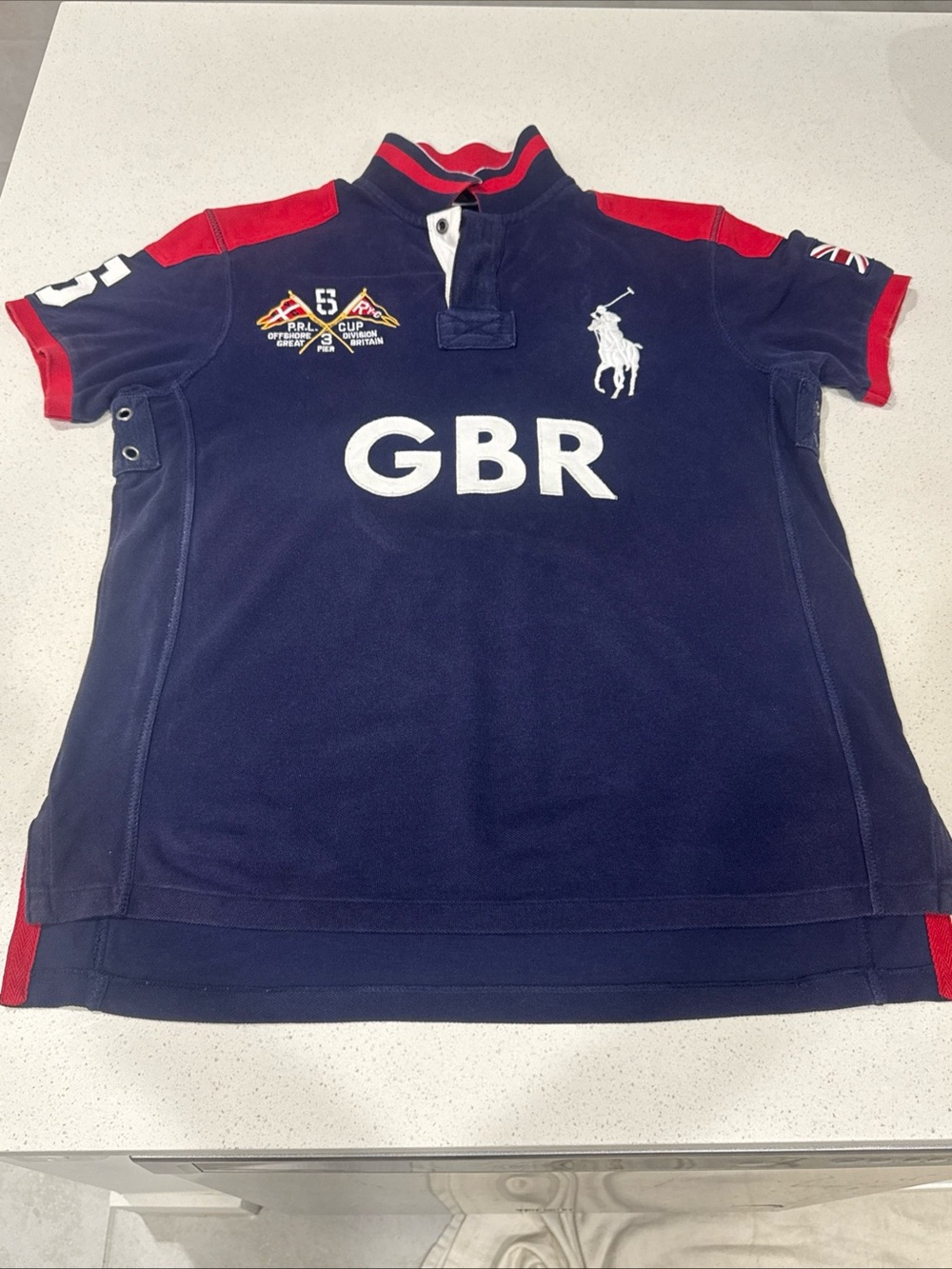 Ralph Lauren Navy Polo with Red Shoulder Accents and White GBR Logo